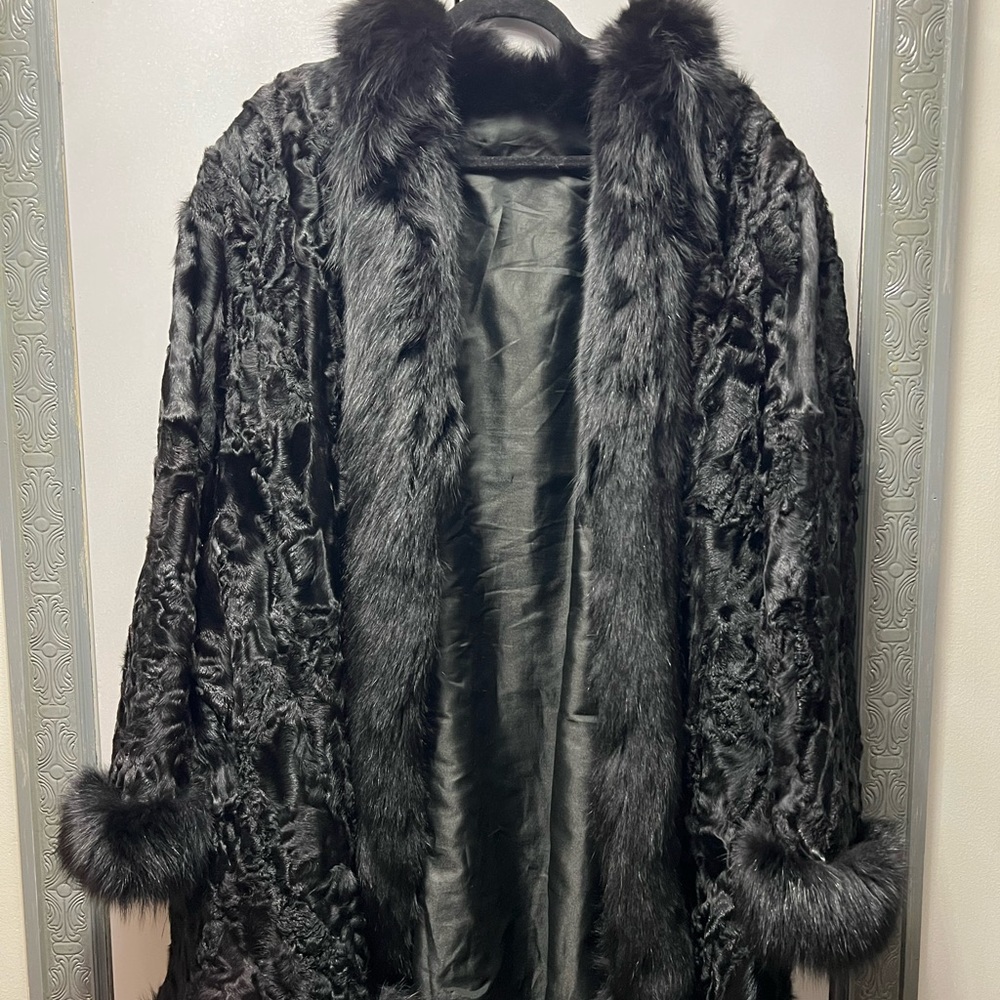 Astrakhan long coat with rabbit collar and sleeves